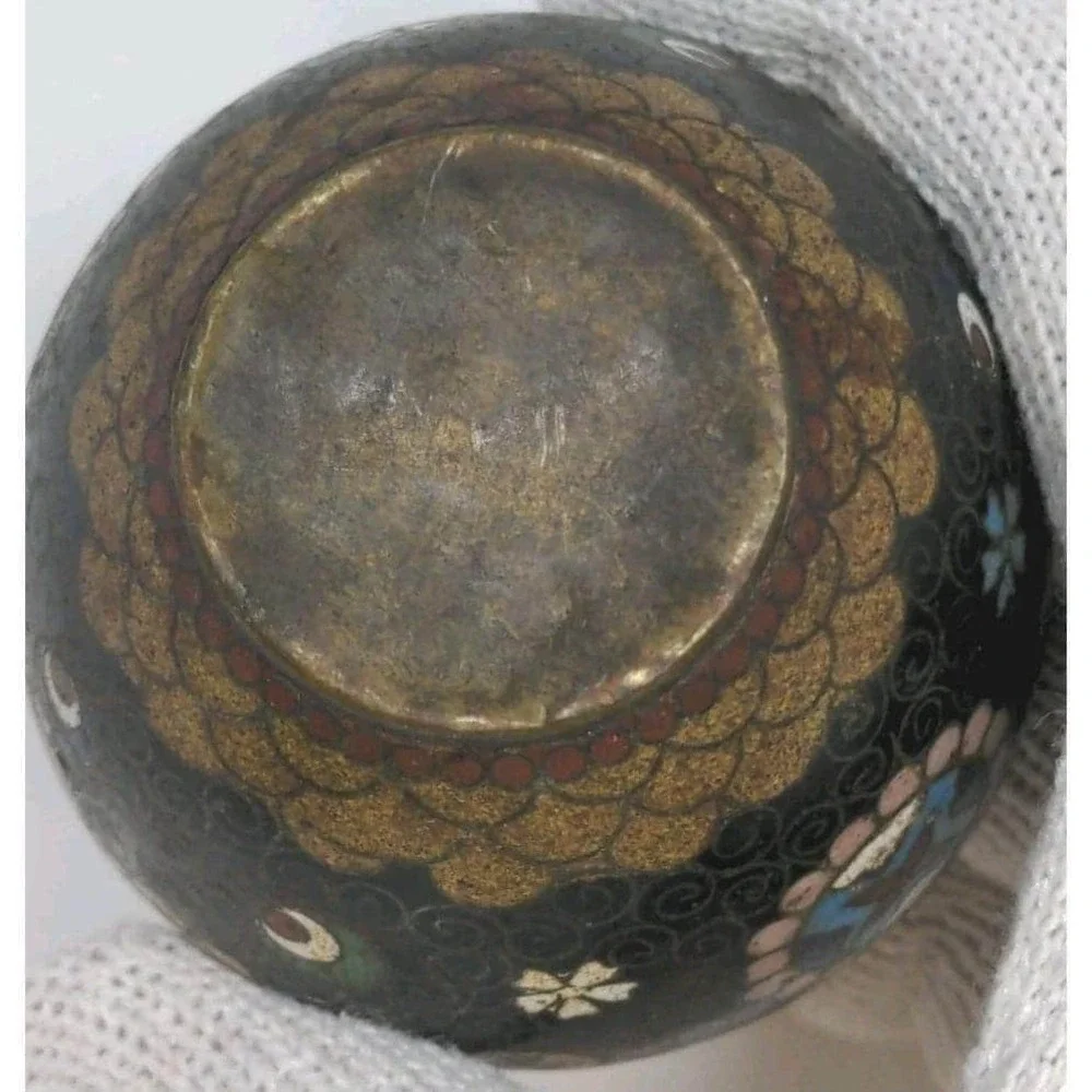 Vintage Cloisonne Mini Vase Black Floral Enamel 2.5